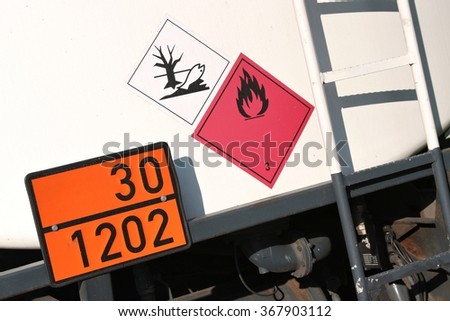 orange-colored plate with hazard-identification number 30 and UN-Number 1202 (gas oil or diesel fuel or heating oil, light)