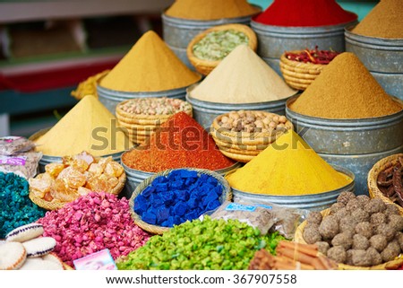 Selection of spices on a traditional Moroccan market (souk) in Marrakech, Morocco Royalty-Free Stock Photo #367907558