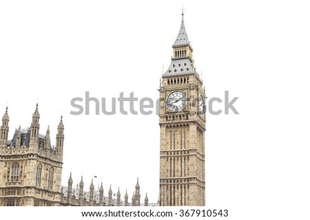 Big Ben in Westminster, London, cut out with a white background.
