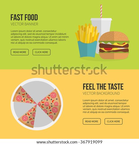 Fast Food Vector Concept. Lunch french fries, pizza,burger and soda. Flat design cheeseburger, hamburger and other restaurant menu elements. Vector poster of unhealthy fast food eating