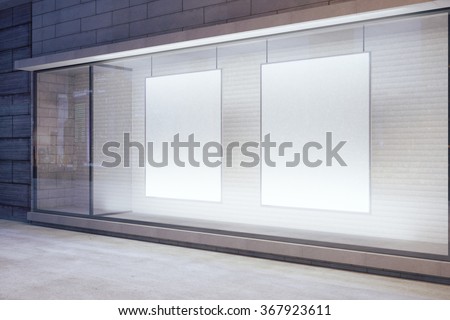 Blank white posters in the window on night empty city street, mock up 3D Render