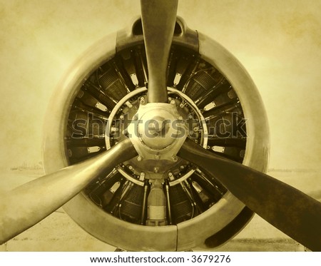 Artificially aged photo of airplane engine and propeller