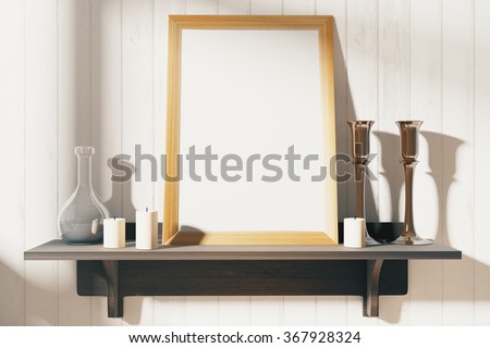 Blank white wooden picture frame on the wooden shelf at wooden wall, mock up 3D Render