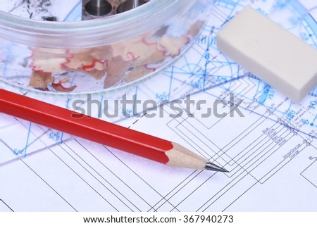 Pencil rulers and electrical scheme closeup