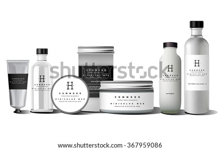 Realistic bottle for essential oil and tube or container for cream, ointment, toothpaste, lotion. Mock up set. Cosmetic vial, flask,  shampoo, oil, gel. Label, sticker Royalty-Free Stock Photo #367959086