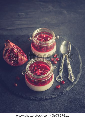 Sweet dessert Panna Cotta with pomegranate in jars,selective focus