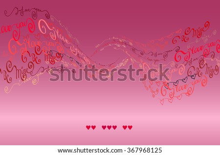 Red handwritten I love you words and hearts shapes swirl design background. Love Valentines background. Curl typography design. Pink handwritten twisted letters on rose background. Vector illustration