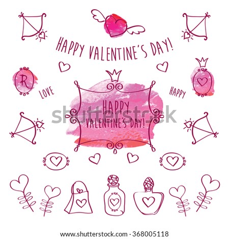 Set of elements for Valentine's Day on the pink watercolor background. Greeting card for Valentine's Day. Hand drawn elements. Doodles, sketch. Vector.