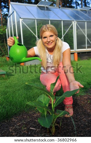 Picture of a young happy woman working in a garden watering a plant. Greenhouse on the background