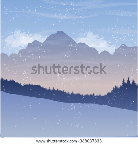 mountain landscape with fir trees and snow, forest background, hand drawn vector illustration