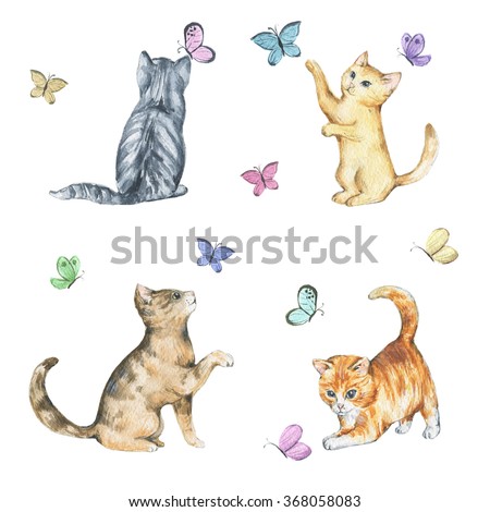 Set of watercolor cute little kittens playing with butterflies. Hand drawn animals illustrations. Isolated on white. 