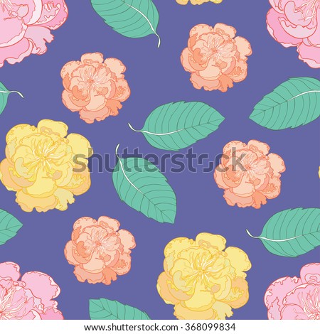 Peony spring flowers with leaves seamless vector pattern. Hand drawn. Dark blue background