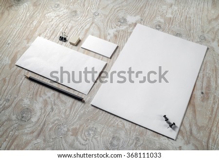 Blank stationery set. Identity template on light wooden background. For design presentations and portfolios.