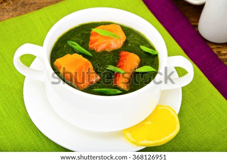 Mashed Spinach Soup with Salmon Studio Photo
