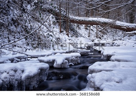 Winter Stream with Icebergs and Icicles and Trunk Tree in Winter Forest