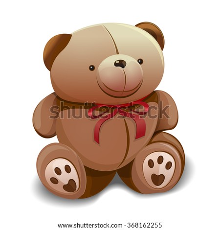 Cute teddy bear with a red bow. Baby teddy bear on a white background. Vector illustration.