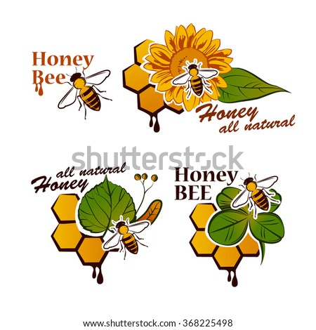 Vector set of colored honey labels, badges and design elements. linden, clover, sunflower for your design