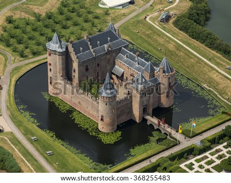 Aerial view of the medieval castle Muiderslot in Muiden, Holland Royalty-Free Stock Photo #368255483