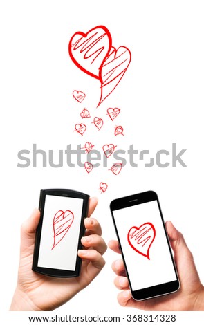 modern smartphones with hearts in male and female hands isolated on white background
