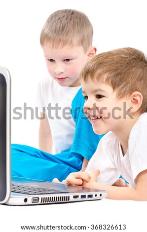 Children looking on laptop screen, isolated on white background