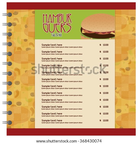 Colored fast food menu with text and a burger