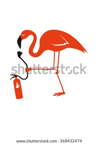 Elegant fragile bird. Pink flamingo - bird burning with fire extinguisher. Funny vector illustration. Cartoon character flamingo. White background with flamingo
