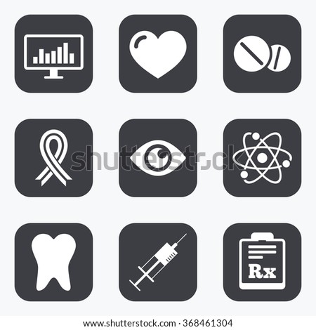Medicine, medical health and diagnosis icons. Syringe injection, heart and pills signs. Tooth, awareness ribbon symbols. Flat square buttons with rounded corners.