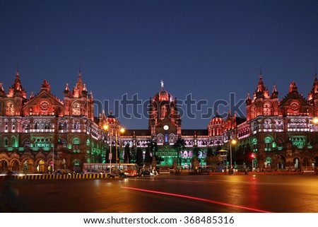 Chhatrapati Shivaji Terminus (CST) formerly Victoria Terminus in Mumbai, India is a UNESCO World Heritage Site, Circa 26 January 2016 Royalty-Free Stock Photo #368485316