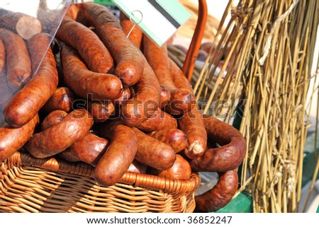 Traditional polish sausage known as 'kielbasa' at the market