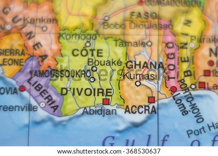 Photo of a map of Cote Divoire  and the capital Abidjan .