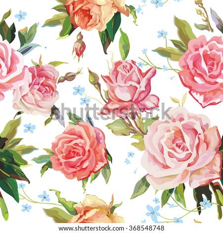 Elegance Seamless color rose pattern on white background, vector illustration