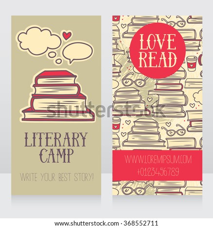 business card template for book camp, library promo banner, vector illustration