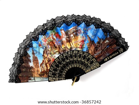 Beautiful Spanish fan with black lace rim and pictures of Seville  isolated on white