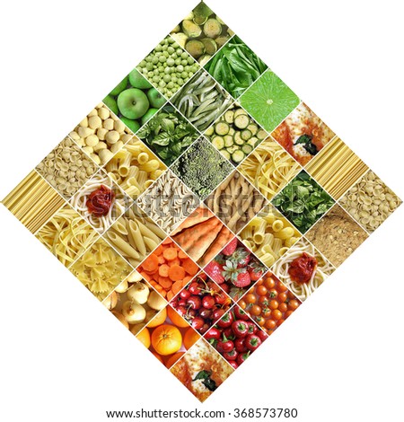 Food collage including pictures of vegetables, fruit, pasta and more