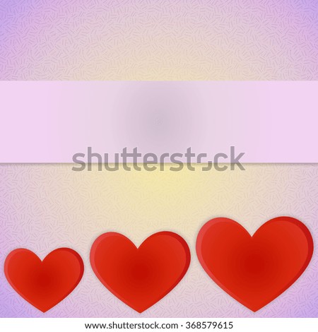 Postcard Valentine's Day. Three lined ascending red hearts on retro background with space for text