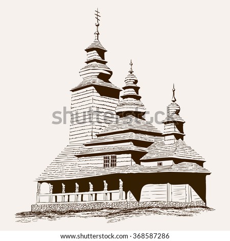 Old Wooden church silhouette. Vector illustration.