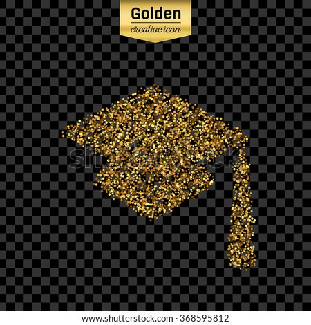 Gold glitter vector icon of square academic cap isolated on background. Art creative concept illustration for web, glow light confetti, bright sequins, sparkle tinsel, abstract bling, shimmer dust.