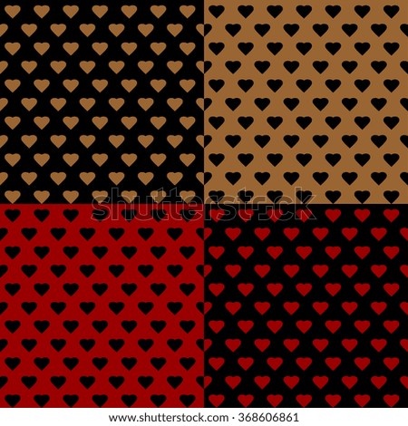 Set seamless background with hearts. Multicolored seamless background - red, black, gold. Vector seamless backgrounds.