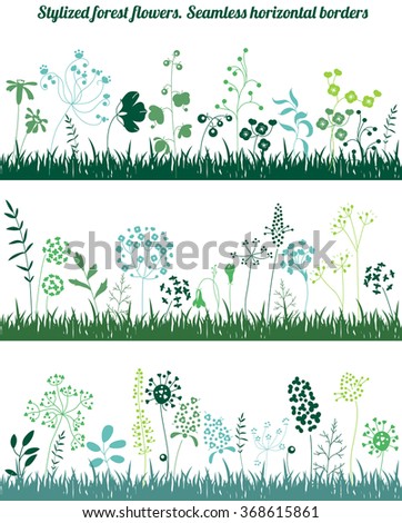 Seamless horizontal borders with stylized growing plants. Elegant silhouette. Endless textures for your design, romantic greeting cards, announcements, posters.