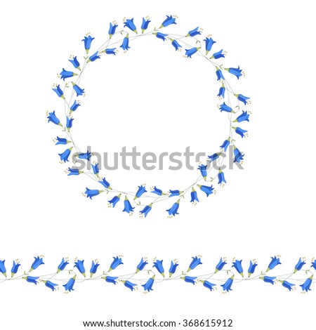Detailed contour wreath and seamless pattern brush with bluebells isolated on white. Endless horizontal texture for your design, greeting cards, announcements, posters.