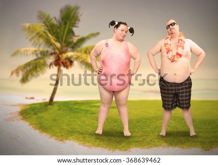 Obese couple in swimsuit with tropical flowers enjoying holidays on caribbean beach. Funny people sending greeting from tropical paradise. Warm filtered picture.