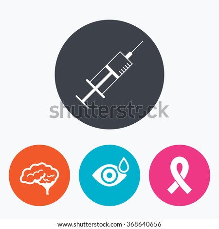 Medicine icons. Syringe, eye with drop, brain and ribbon signs. Breast cancer awareness symbol. Human smart mind. Circle flat buttons with icon.