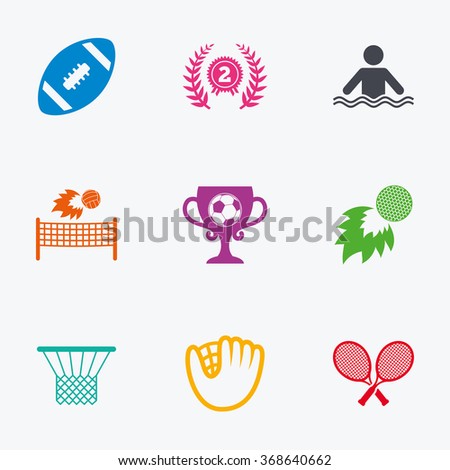 Sport games, fitness icons. Football, golf and baseball signs. Swimming, rugby and winner medal symbols. Flat colored graphic icons.