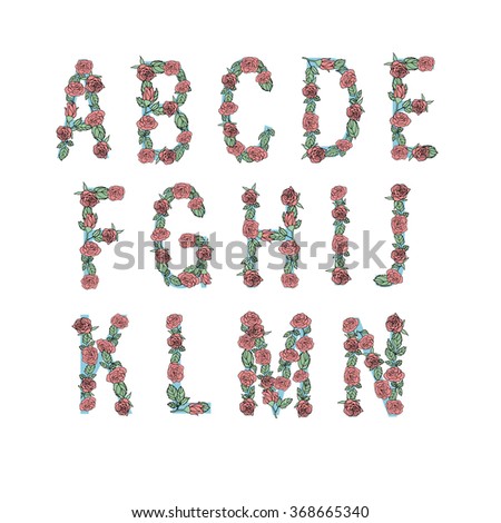 Floral alphabet isolated, font made with leaves and roses, part 1 ( a b c d e f g h i j k l m n )