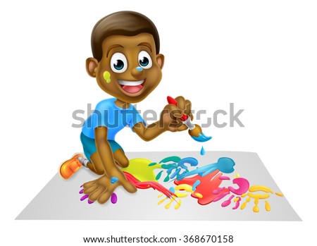Cartoon boy child messy playing with paint painting with his paintbrush