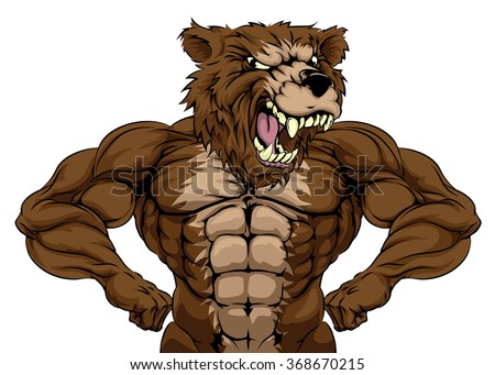 Grizzly bear animal mascot showing off his muscles and ready for a fight