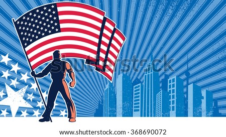 Flag Bearer USA Background: Flag bearer holding the flag of USA over grunge background with copy space. 