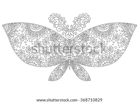 Cute black and white floral butterfly. Monochrome doodle element.