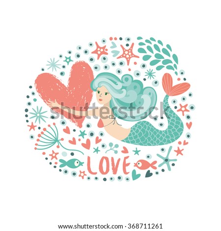 Cute card with mermaid in love. 