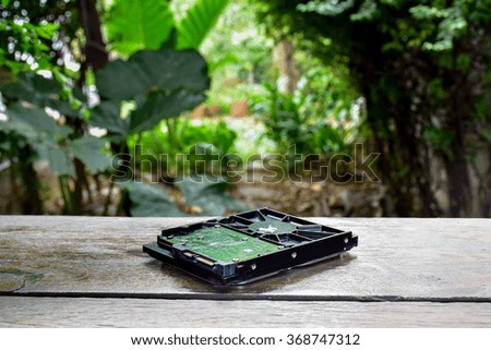 Hard disk on wood board and  nature blur background /Store for wildlife  /Green technology